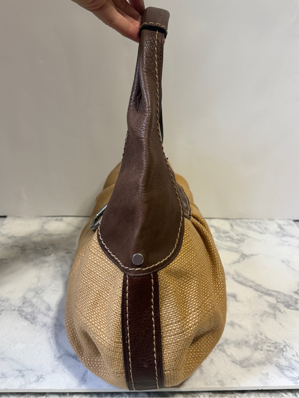 Fossil woven straw leather baguette hobo shoulder bag tan brown silver key - Picture 4 of 9